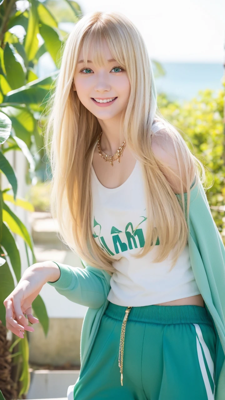 pale blonde teenage girl with bangs long soft silky hair blue-green eyes with long white sweatshirt and green pants wearing two bright white necklaces taking photo in the afternoon with the bright sun shining on her face, and smiling with her rosy cheeks and eyeliner and good quality