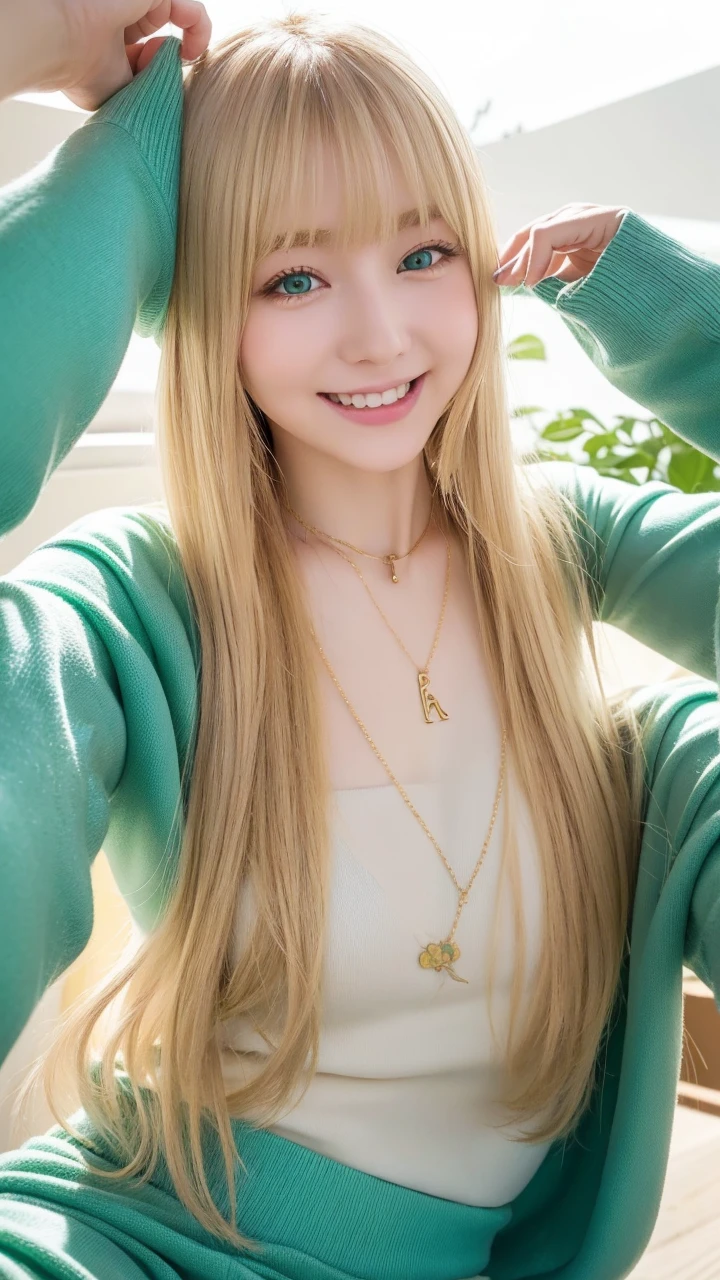 pale blonde teenage girl with bangs long soft silky hair blue-green eyes with long white sweatshirt and green pants wearing two bright white necklaces taking photo in the afternoon with the bright sun shining on her face, and smiling with her rosy cheeks and eyeliner and good quality