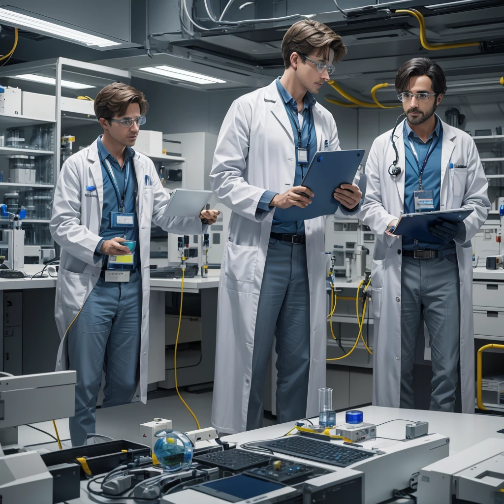Two male scientists in lab talking to each other after they found the fault in their spaceship shocked