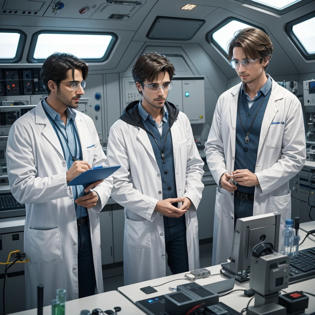 Two male scientists in lab talking to each other after they found the fault in their spaceship shocked