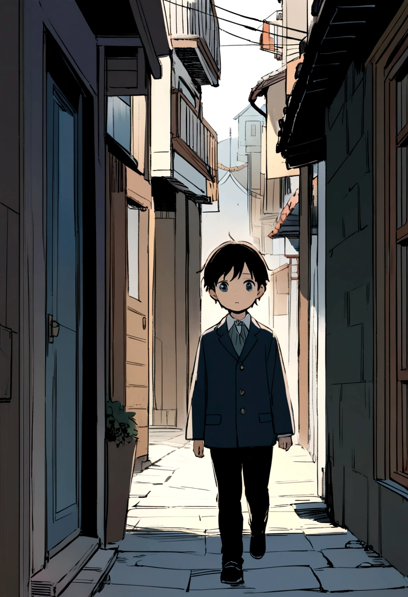 A 5-year-old boy walking down a dark, deserted street, dangerous situation, Alone boy, far from home, lost on the way to school, アニメ