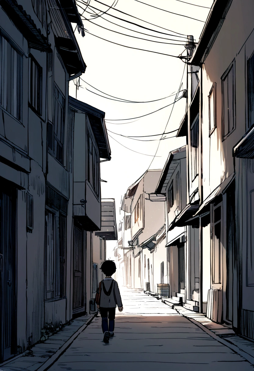 A 5-year-old boy walking down a dark, deserted street, dangerous situation, Alone boy, far from home, lost on the way to school, アニメ