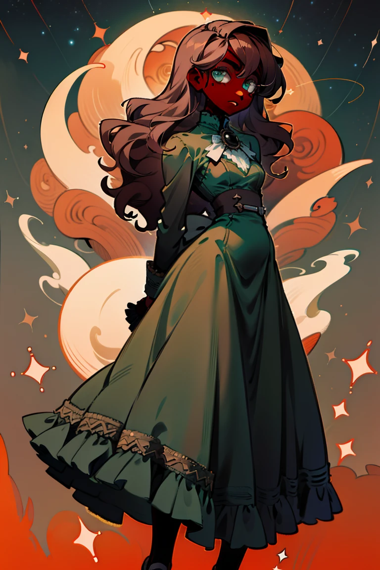 masterpiece, absurdres, 1girl, cowboyshot, tachi-e, mature woman, best aesthetics, medium breasts, wide hips, thick thighs, dark brown hair, curly hair, textured hair, hip-length hair, narrow eyes, dark skin, ankle-length dress, arched nose, soft shading, very detailed face, clean lines, dynamic pose, anatomically correct, hyperdetailed, beautiful lighting, dark atmosphere, dark eyeshadow, good makeup, detailed hair, green eyes, sparkling eyes, telescope, magic, fantasy, medieval, high fantasy, black stockings, comfy, cozy, tareme, medium chest, SFW, long dress, arms behind back, outdoors, constellations in sky, stargazing