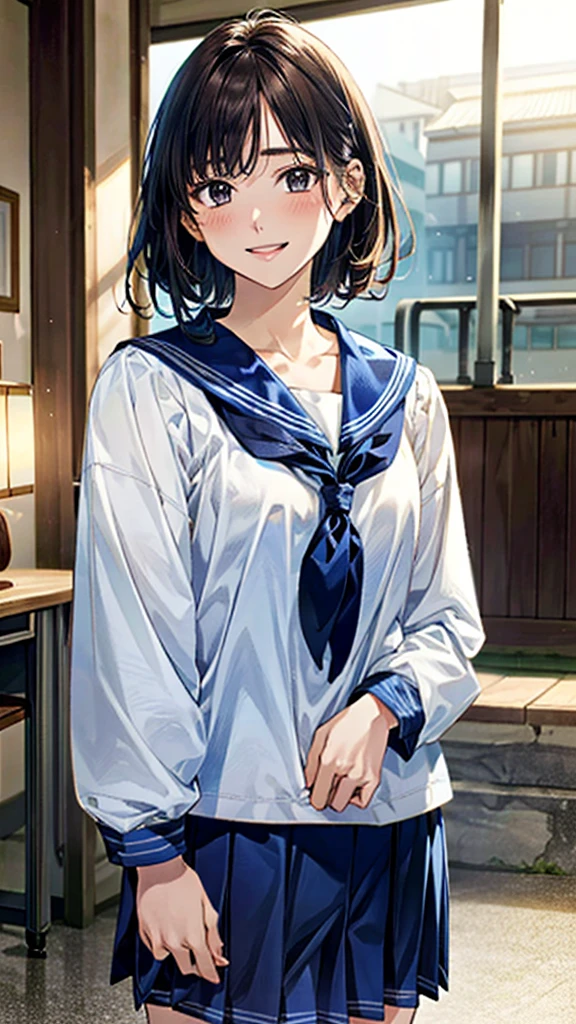 (masterpiece:1.2, Highest quality), (Realistic, photoRealistic:1.4), Beautiful illustrations, (Natural Side Lighting, Cinema Lighting), , 
View your viewers, 1 Girl, Gakki, Japanese, Perfect Face, Perfect Anatomy, Cute and symmetrical face, Small face, Round face, Shiny skin, 
(short hair:1.4, Straight hair:1.5, Brown Hair), Swept-apart bangs, Grey Eyes, Long eyelashes, (Middle chest), thin,Deer horn,
Beautiful Hair, Beautiful Face, Beautiful attention to detail, Beautiful clavicle, Beautiful body, Beautiful breasts, Beautiful thighs, Beautiful feet, Beautiful fingers, 
((Detailed cloth texture, Cute long-sleeved blue sailor suit, Blue pleated skirt, White sailor collar)), 
(Beautiful views), Depth of written boundary, Daytime, (School), Are standing, (Cute smile, Open your mouth), 