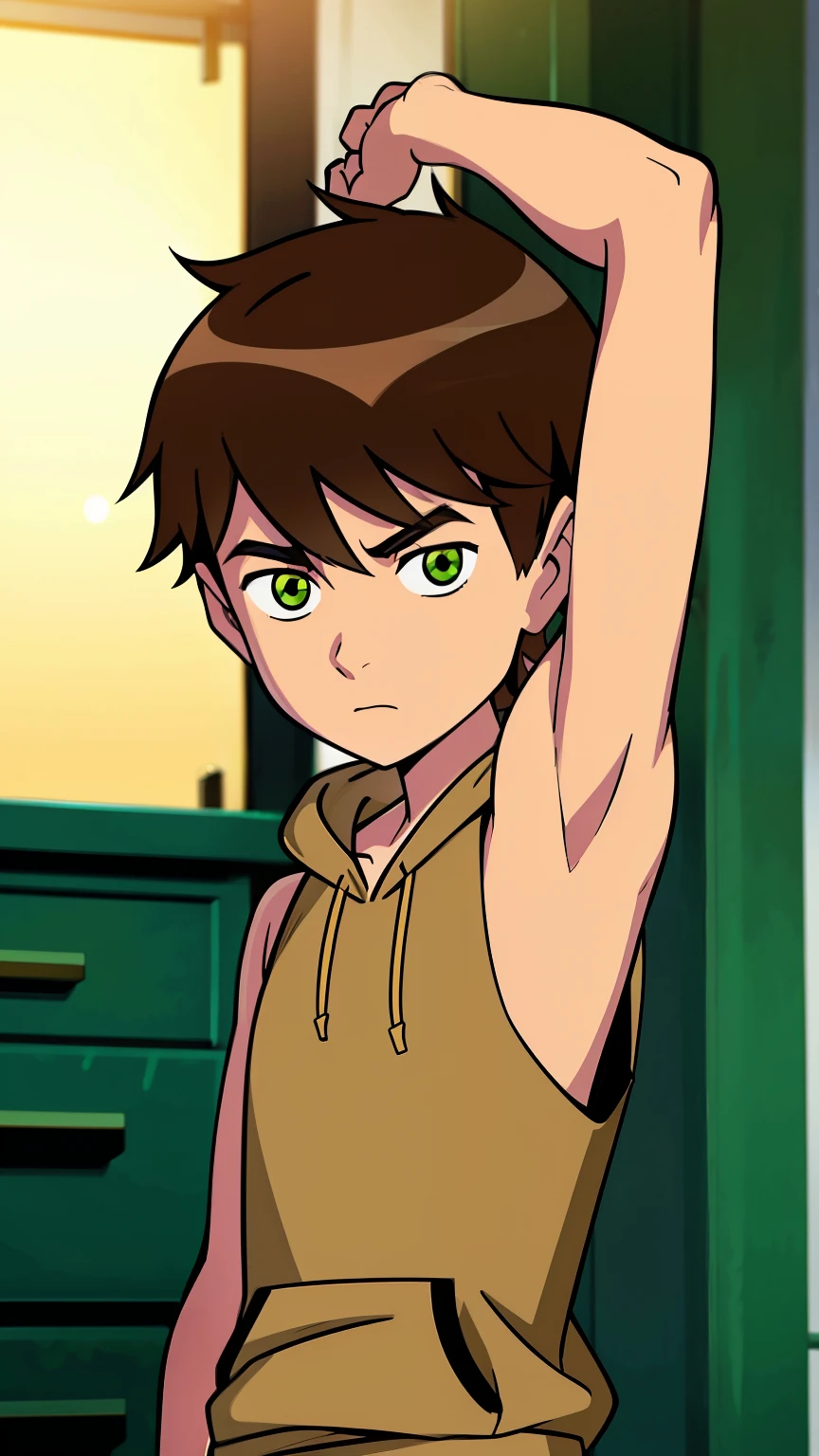 Highres, Masterpiece, Best quality at best,Best Quality,hight quality, hight detailed, boy, 1boy, shota, bentennyson, Green eye, Brown hair, short body, Sleeveless hoodie, bare chest, (Armpit), school, Blurry beckground, Uhd, bokeh