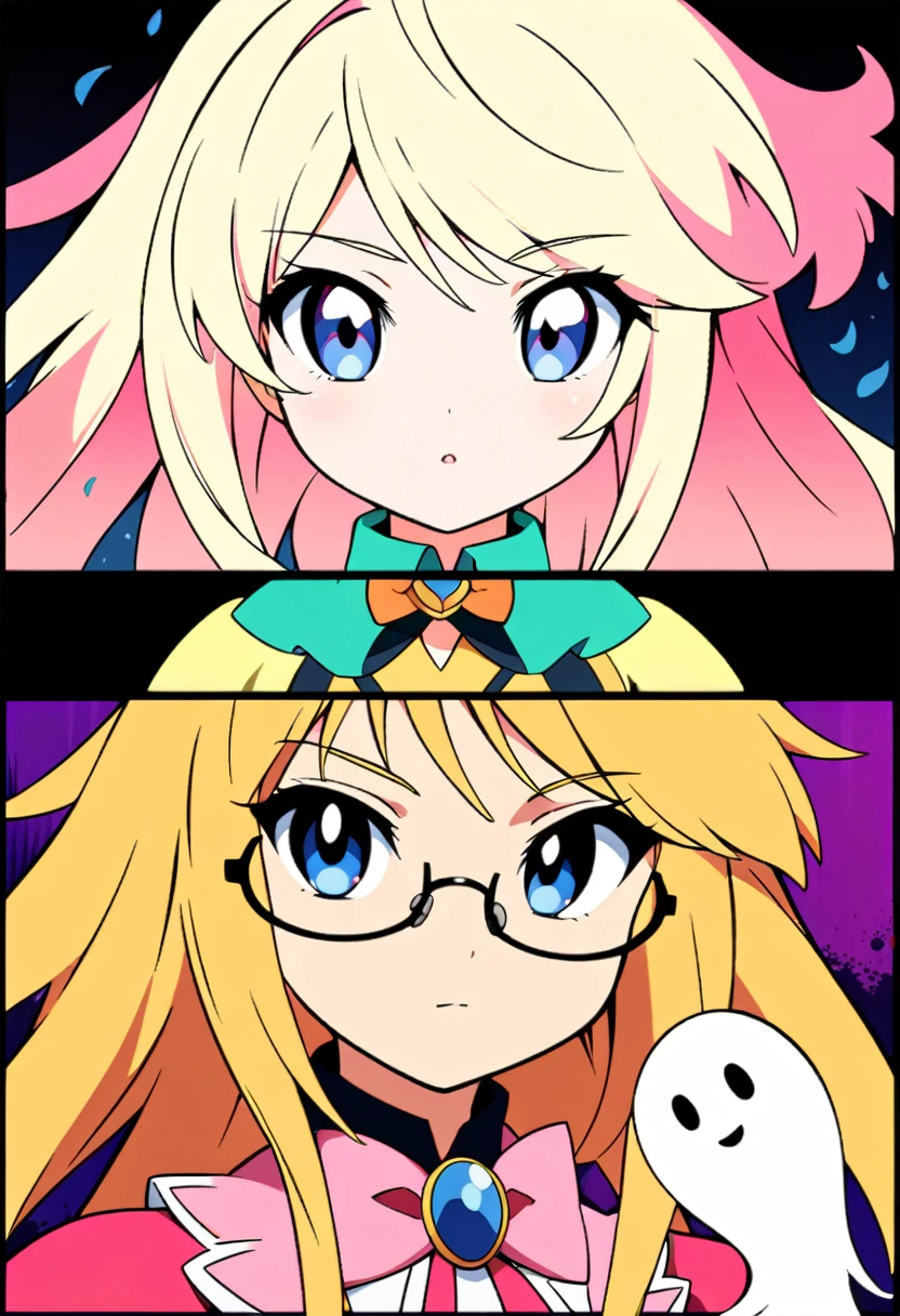 cartoon of a woman with glasses and bow tie, an anime drawing inspired by Puru, trend on DeviantArt, rococo, young pale ghost, anime style flat shading, cel - shading art style, magical girl portrait, in an anime style, Unknown art style, stylized anime, , anime moe art style, magical girl style