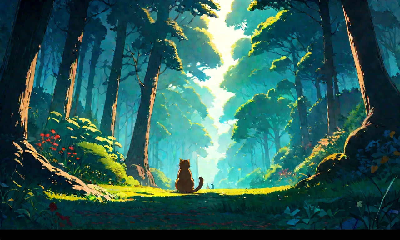 Studio Ghibli-style anime movies, Movie stills, Highest quality, masterpiece, Representative works, Official Art, Professional, Super intricate details, 8K,There is a cat in the distance, in the forest、relax、