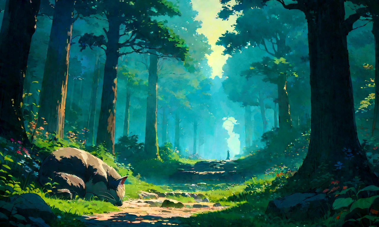 Studio Ghibli-style anime movies, Movie stills, Highest quality, masterpiece, Representative works, Official Art, Professional, Super intricate details, 8K,There is a cat in the distance, in the forest、relax、