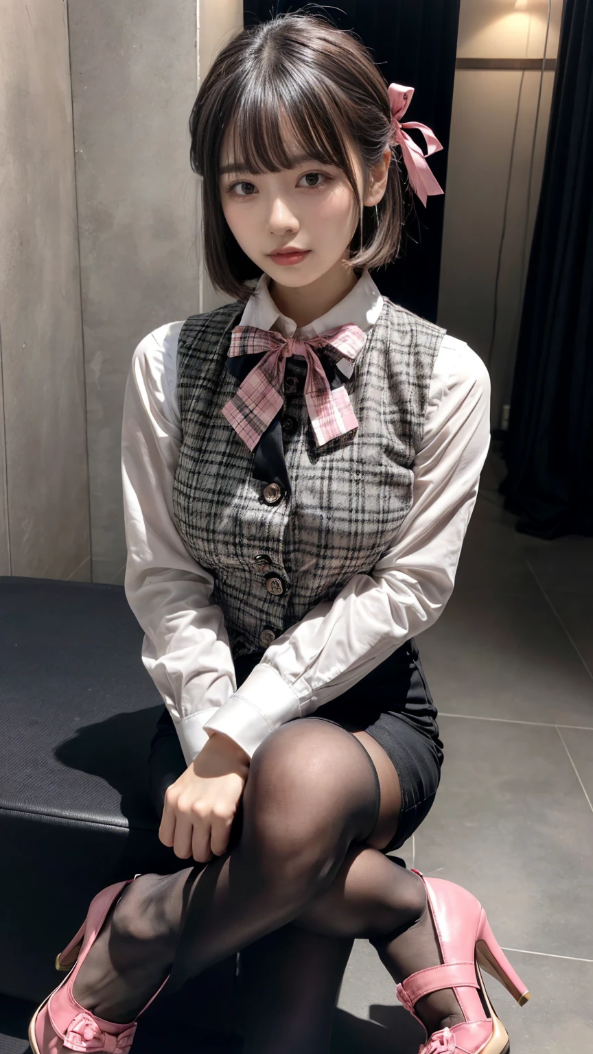 (8K, RAW Photos, Highest quality, masterpiece:1.5), (professional photography, full colors, studio-caliber color grading), (Gravure quality for high-end fashion magazines),  BREAK,18 year old girl, short bob hair, crying a little, Harajuku style, Big Natural Color Lip, (Plumpy body:1.2), (smooth skin:1.1), (huge breasts:1.2),  BREAK (white and gray theme:1.3), (wearing a [[white and gray plaid pattern]] vest over a long sleeve white collared-shirt:1.4), (buttoned gray vest:1.2),
BREAK (pink theme:1.2), (pink ribbon bow:1.3),
BREAK (black theme:1.4), (tight black pencil skirt:1.5 (pantyhose:1.3 (high heels:1.1)