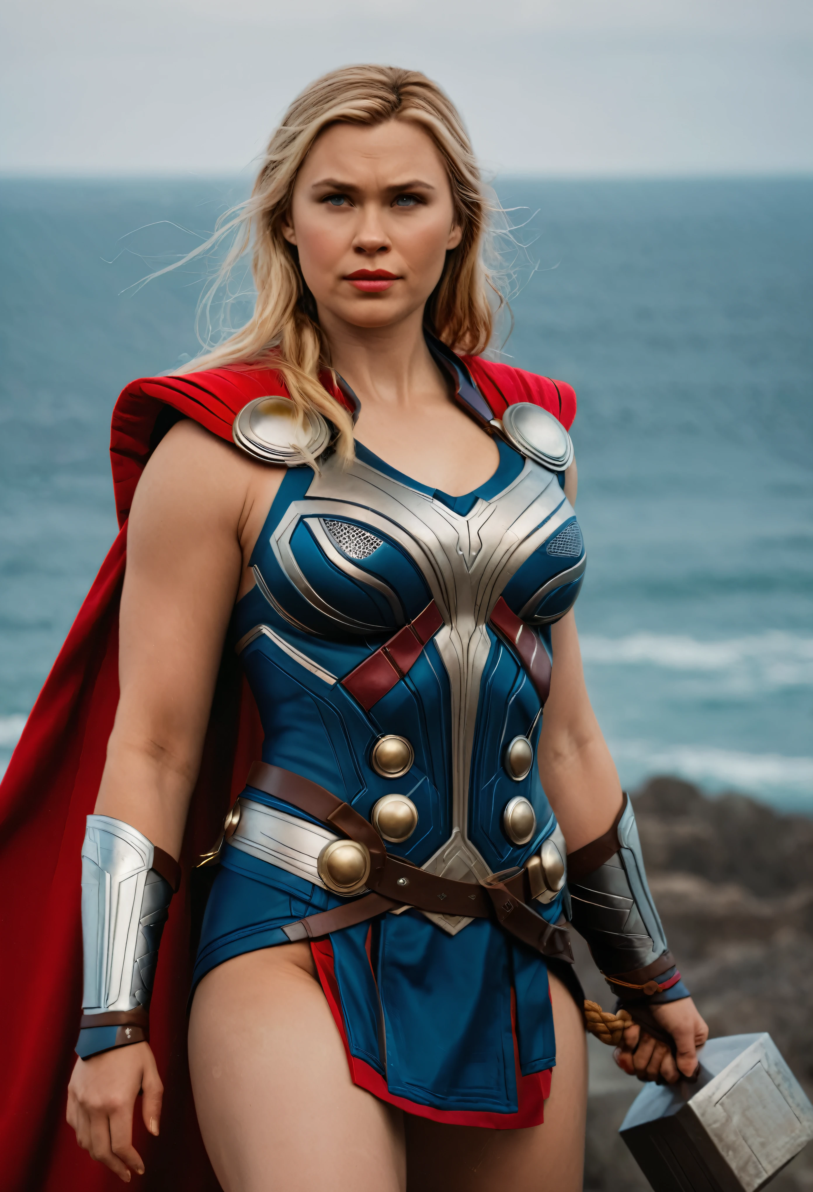 woman thor, female thor, sexy, photography, soft lighting, soft details, octane, large breast, massive , healthy Full figured woman, tight thick body, artstation trending, ultra high detail, ultra realistic, cinematic,16k, female Thor costume,