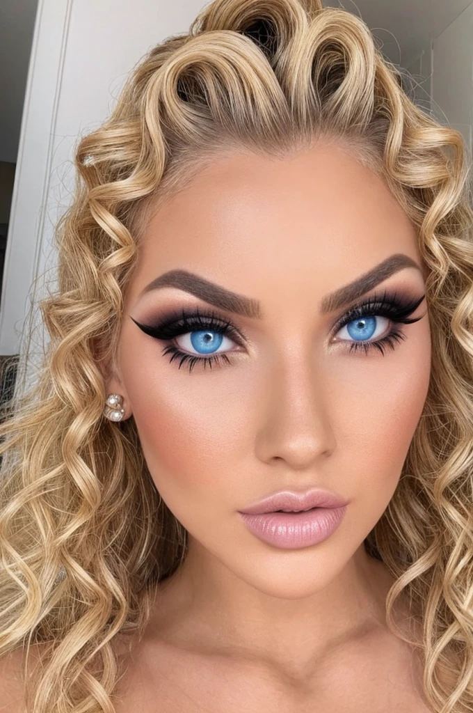 avatar, bimbo 18 years old, sexy face, detailed face, Symmetrical Face, narrow face, pretty face, bright makeup, narrow cheekbones, big Blue eyes, lust in the eyes, big eyelashes, big plump lips, sexy lips, ashy blonde, curly long hair, lustful look, looking at you to fuck, Small nose, narrow nose,