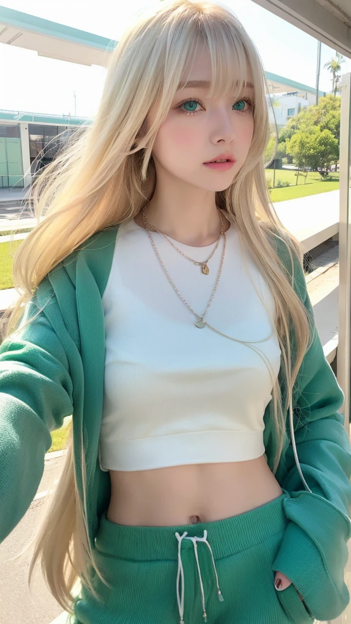 pale blonde teenage girl with bangs long soft silky hair blue-green eyes with long white sweatshirt and green pants wearing two bright white necklaces taking photo in the afternoon with the bright sun shining on her face, making faces