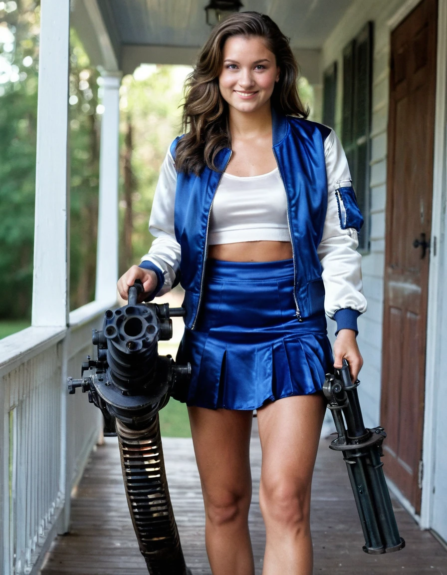 photo realistic , 21 year old woman, holding M124 minigun, smiling, full body in frame, smirking, full body image, two tone royal blue and white satin bomber jacket fully zipped, , satin cheerleader skirt, , walking up to a front porch in a rural neighborhood,, long hair, evening lighting.