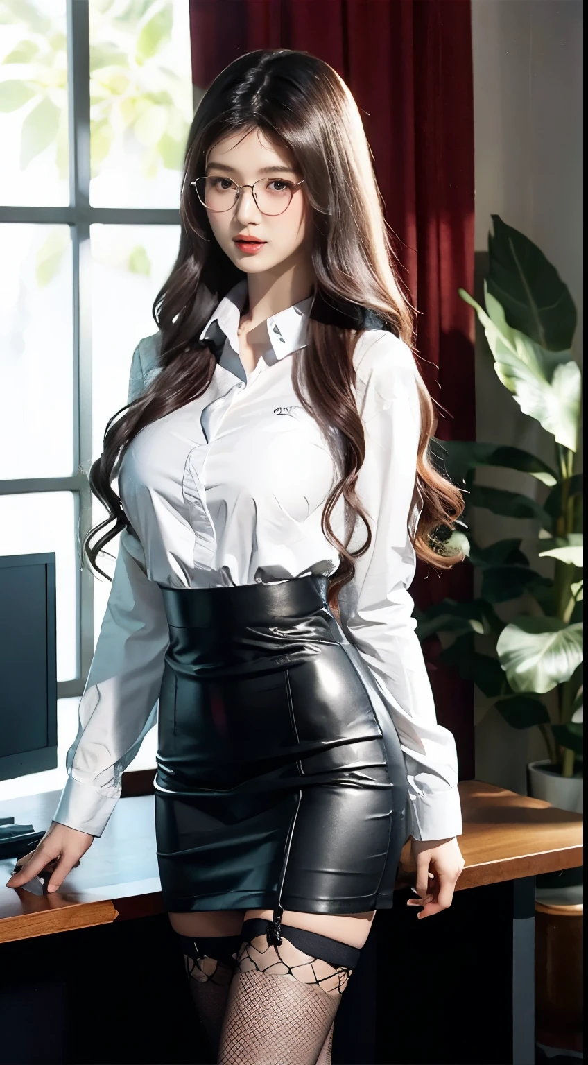 1 girl、Mix 4、Button shirt under the collar、very large breast:2.0、s lips、Opening Mouth、realisitic、a picture_\(Curly\)、solo、(masterpiece)、(Photorealsitic:1.3)、Ultra-detail、(high detal)The skin:1.2)、(top-quality:1.0)、(超A high resolution:1.0)、(Orchan-6500:0.3)、Wavy detailed hair、length hair、rays of sunshine、(Beautiful detailed makeup)、(sexual excitement、red blush、Rough breathing:1.0) )、(ty、houseplant、Sky and trees outside the window々々々々)、thighs thighs thighs thighs、Absolute area、Black fishnet stockings、girdle、adult lady、OL、Pencil skirt in tight leather、accessorized、Silver thin-rimmed glasses、personal computers、Gray Desk、Backshots、
