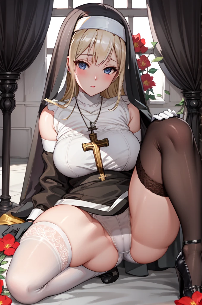 Ultra-realistic 8K CG, perfection, clean, masterpiece, Professional artwork, Famous works of art, Cinema Lighting, Cinematic Flowers, perfectionな顔, Beautiful Face, pray, Knee socks, Black gloves, Cross Necklace, Side slits, Nuns, stand、Spread your legs、between legs、White pantieansuji
