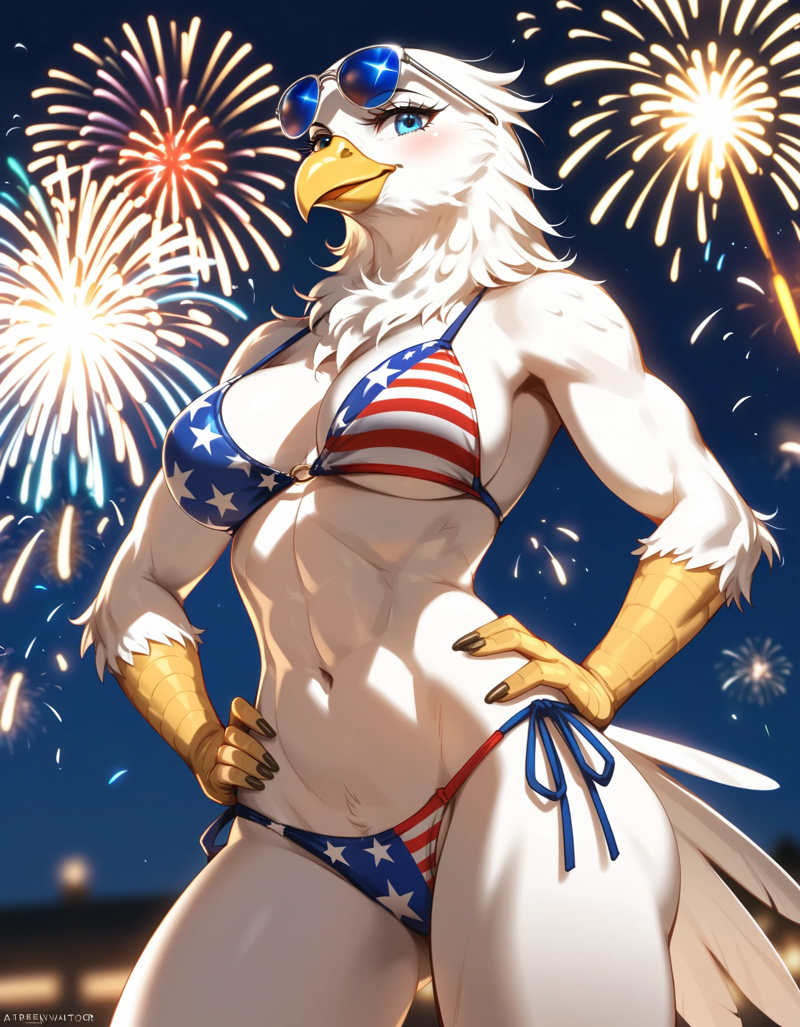 score_9,score_8_up,score_7_up, source_furry, (an Anthro avian bald eagle, white body, female, tall, athletic body, naked, breasts, nipples, blue eyes, fireworks background, blowjob, she is sucking on a human males cock, male is cropped out, looking up at male