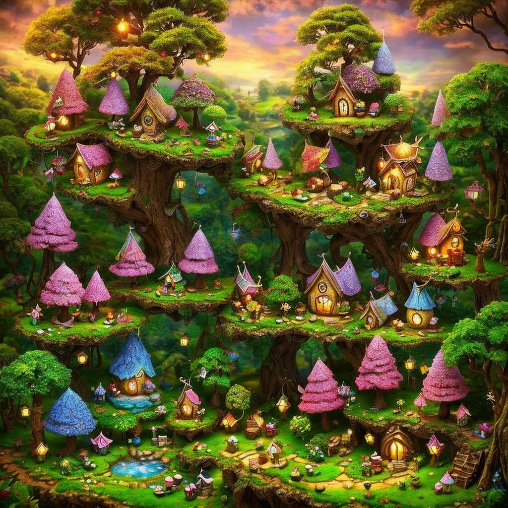very small elves living in a village with only jackfruit-houses miniature forest, fairy forest, fantasy matte painting,cute, candy forest, in picturesque forest diorama, lush fairy forest, houses in the shape of jackfruit,jackfruit house, fairy garden, enchanted magical fantasy forest, beautiful render of a fairytale