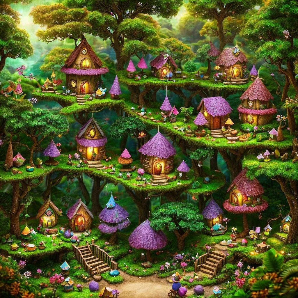 very small elves living in a village with only jackfruit-houses miniature forest, fairy forest, fantasy matte painting，cute, candy forest, in picturesque forest diorama, lush fairy forest, houses in the shape of jackfruit,jackfruit house, fairy garden, enchanted magical fantasy forest, beautiful render of a fairytale