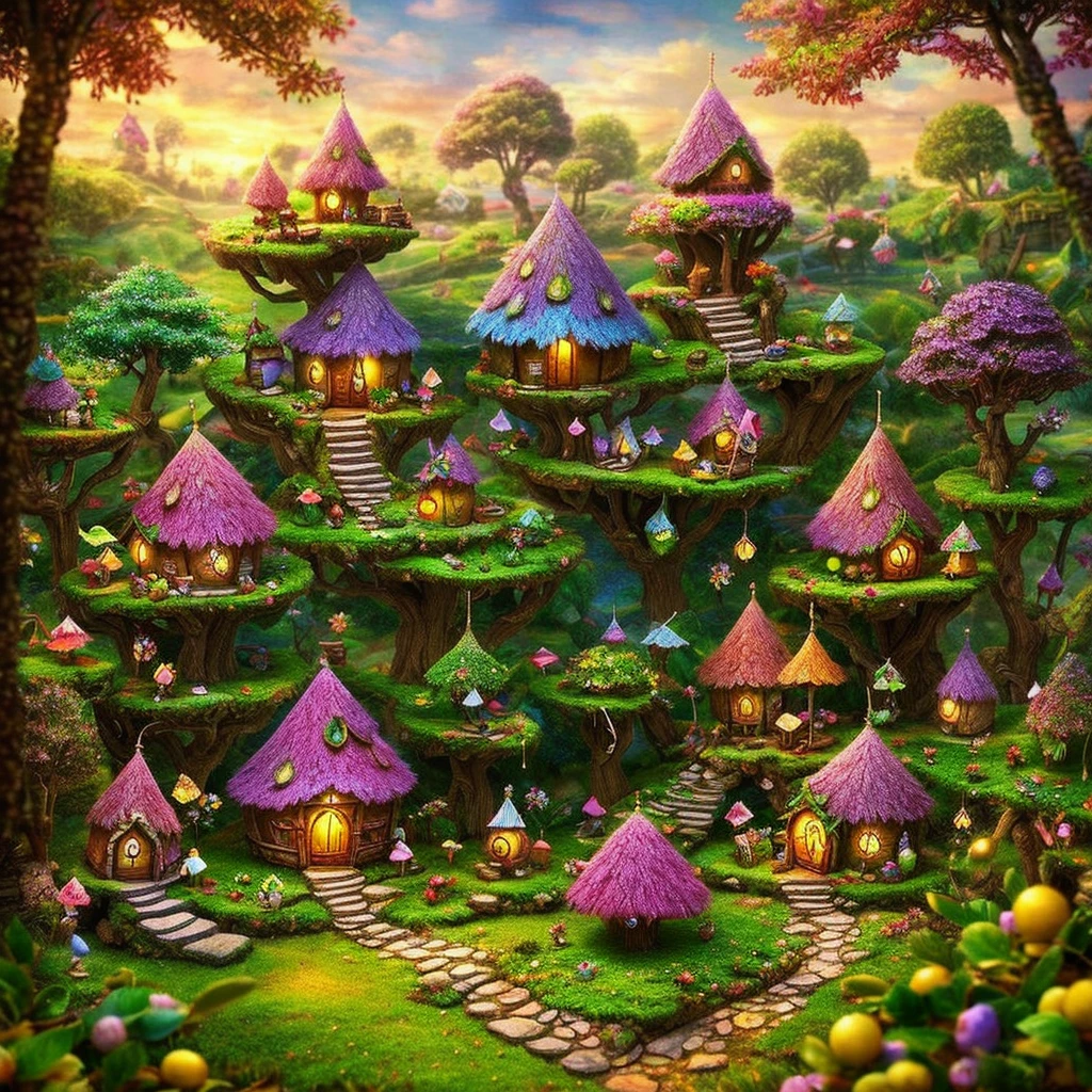 very small elves living in a village with only jackfruit-houses miniature forest, fairy forest, fantasy matte painting，cute, candy forest, in picturesque forest diorama, lush fairy forest, houses in the shape of jackfruit,jackfruit house, fairy garden, enchanted magical fantasy forest, beautiful render of a fairytale