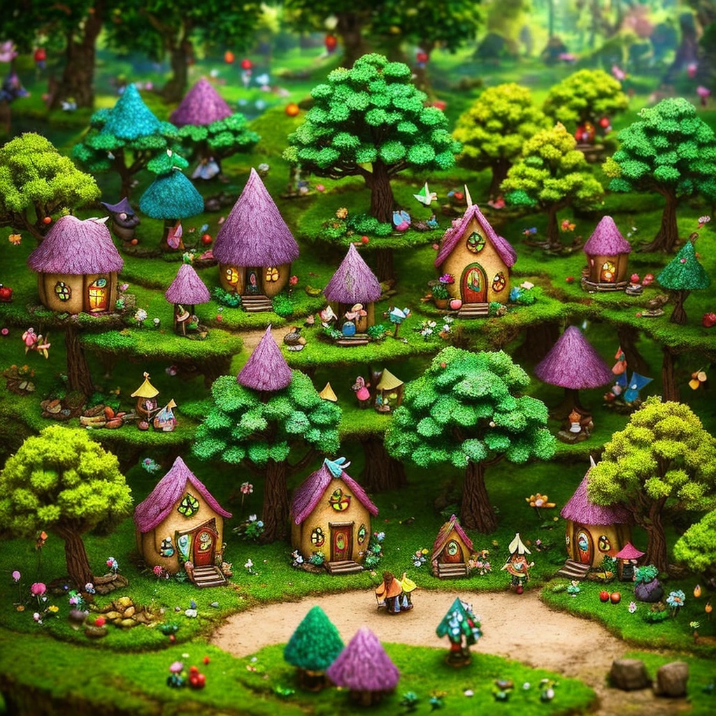 very small elves living in a village with only jackfruit-houses miniature forest, fairy forest, fantasy matte painting，cute, candy forest, in picturesque forest diorama, lush fairy forest, houses in the shape of jackfruit,jackfruit house, fairy garden, enchanted magical fantasy forest, beautiful render of a fairytale