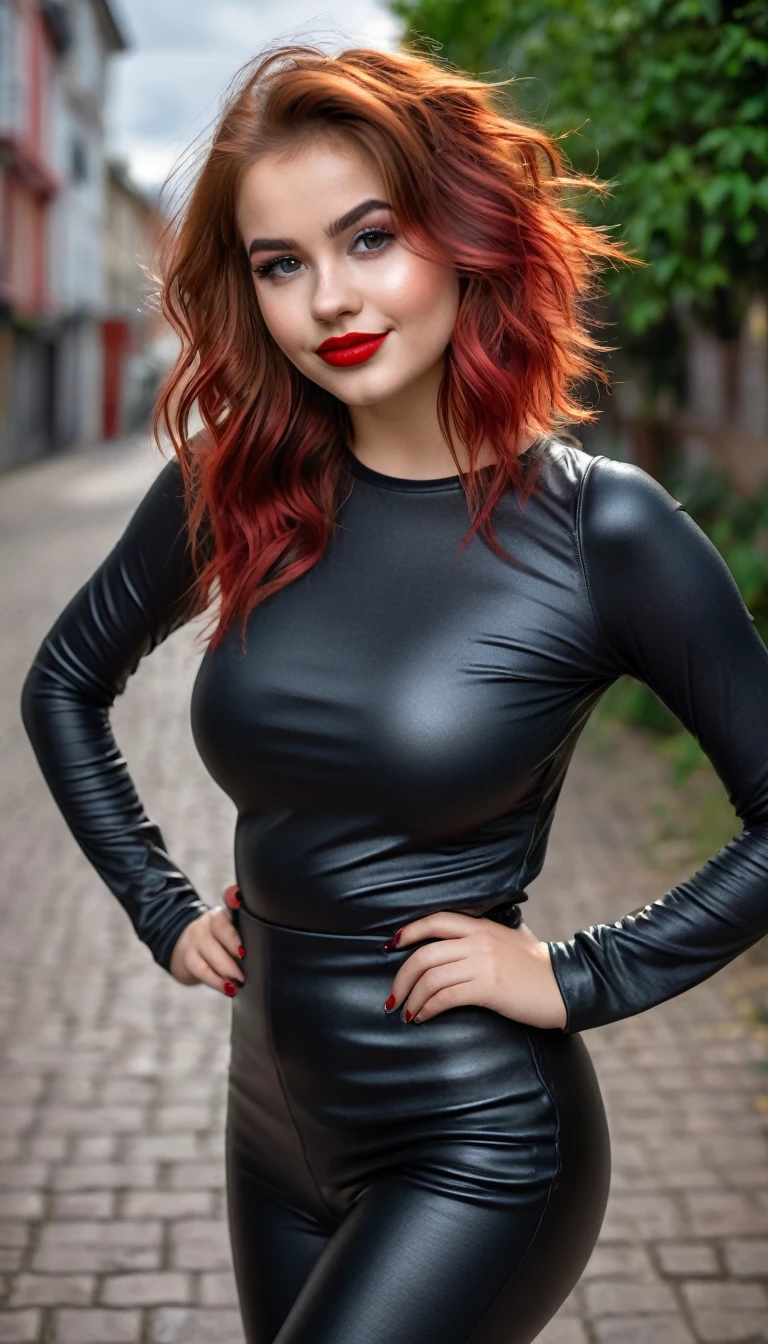 ultrarealistic high quality full body photo of a beautiful super busty slim european 19-year-old woman with cute hyperdetailed serious face and redhead shoulder length messy hair and shy smile, realistic round black eyes, red lips, dark eye makeup with eyeliner, wearing bodycon longsleeve and faux leather leggins, hourglass body, tanned, outdoor photography