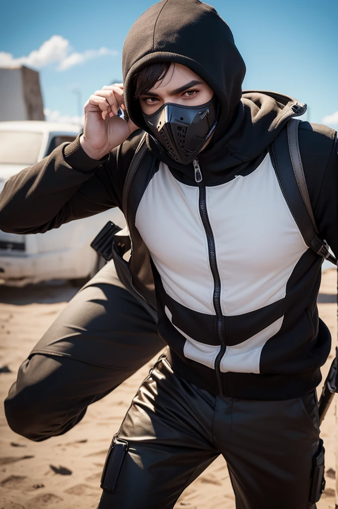 Free Fire game style male characters with shell, o treme-terra mask esporte fino Top criminal;Penumbra (mask) white prosperity (Top)