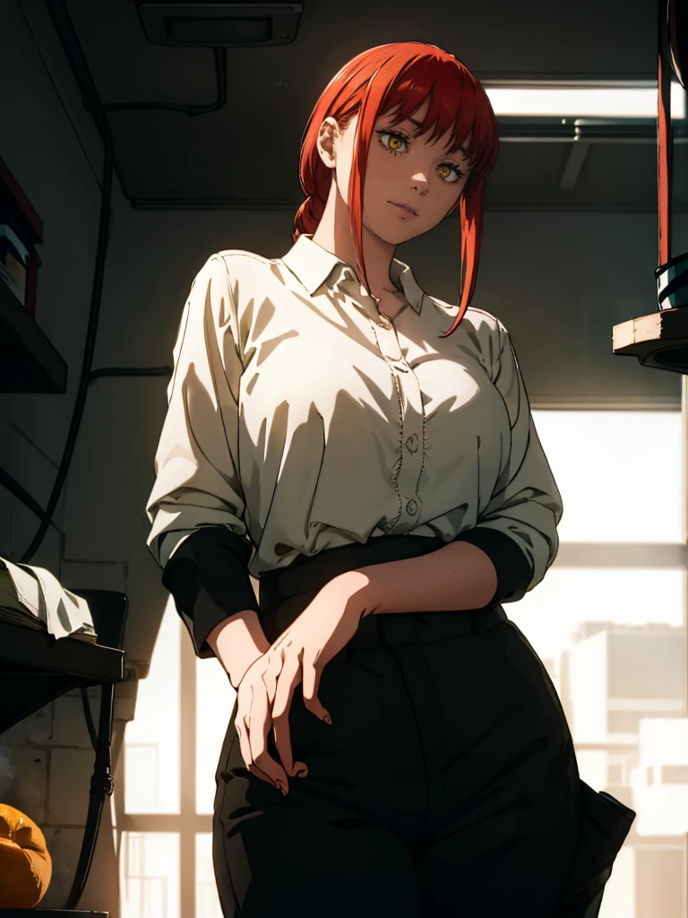 Le personnage Makima de la série animée Chainsaw Man, fragile, obésité morbide, ssbbw, pleine longueur (corps entier 1.1.), fond sombre, obscurité, anatomie correcte 1.1, anatomie correcte de la main, Très féminin, corps gras et rond, grosses Jambes, fesses, beau corps obèse, ventre rond et mou très gras, cheveux roux, Yeux oranges, Cercles rouges pour les écoliers, chemise blanche, jupe noire, cravate noire, pose sexy, réaliste, very détaillé, beau corps, détaillé body, détaillé hands, détaillé, vibrant, détaillé Face, Conception des personnages de Makima. very détaillé, détaillé body, détaillé hands, détaillé Face, Art animé, Hugh Détails, Visage très abattu, détaillé eyes, Illustration ultra fine, Meilleure ombre, détail fin, beautiful détaillé glow, beautiful détaillé, Extraordinairement beau, extremely détaillé, inexpressif, composition épique, Style animé. art animé, Style animé. Jupe noire, chemise blanche, cravatte, pose sexy, yeux jaunes
