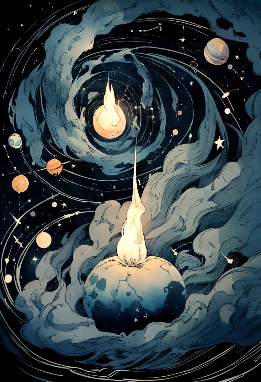 CREATE AN IMAGE IN A PENCIL DRAWING FORM WHERE THE SMOKE FROM THE CANDLE FORMS A CONSTELLATION WITH PLANETS AND STARS