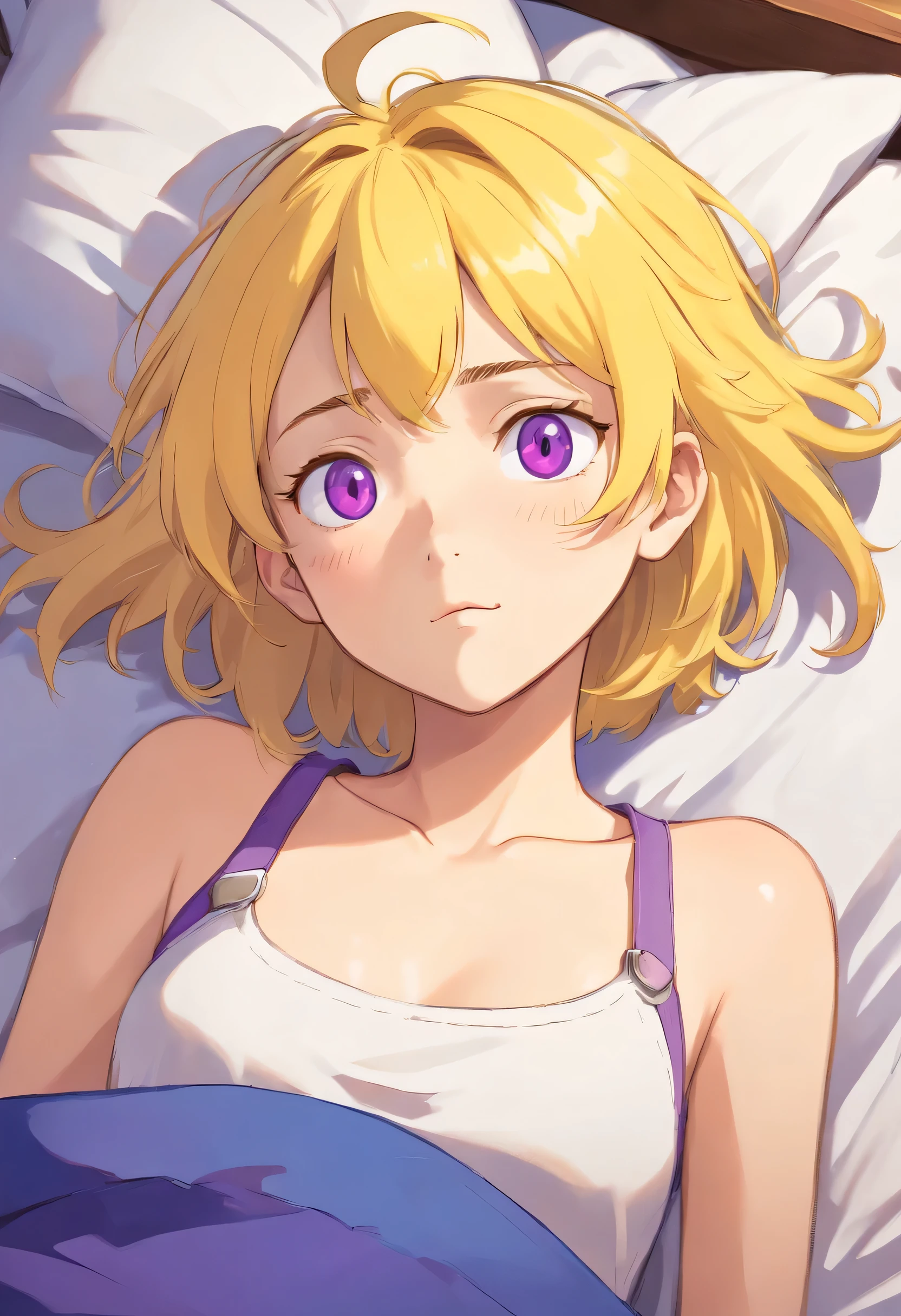 an athletic girl, flat chest, yellow hair, short messy hair, purple eyes, punk, sleeping in the bed