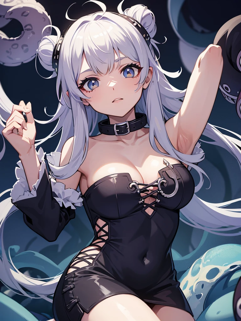 A kraken girl with long hair and tentacles, a collar around her neck
