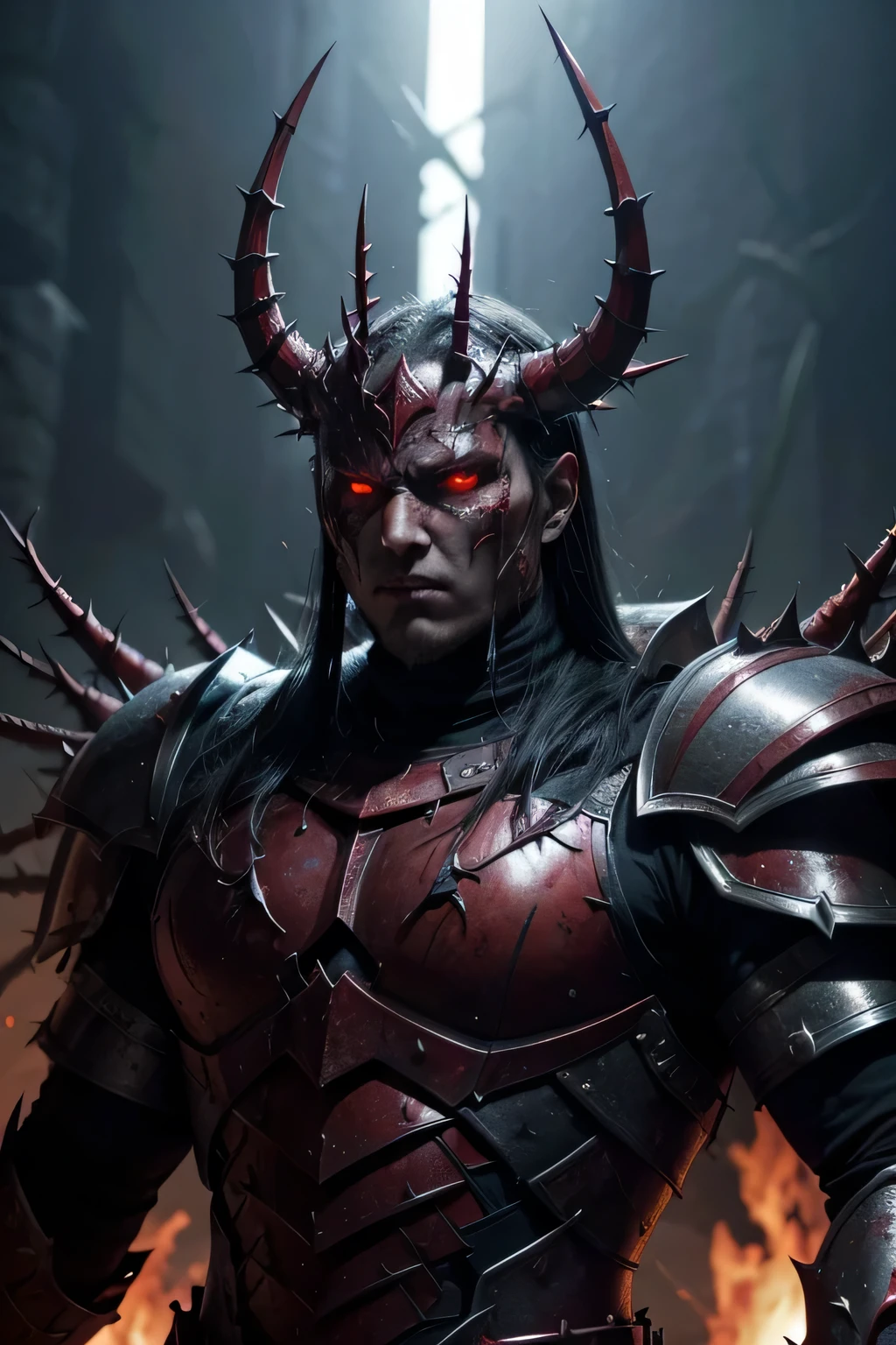 man with armor full of thorns with red eyes burnt face armor similar to a demon king I want the image to be super heavy and dark 