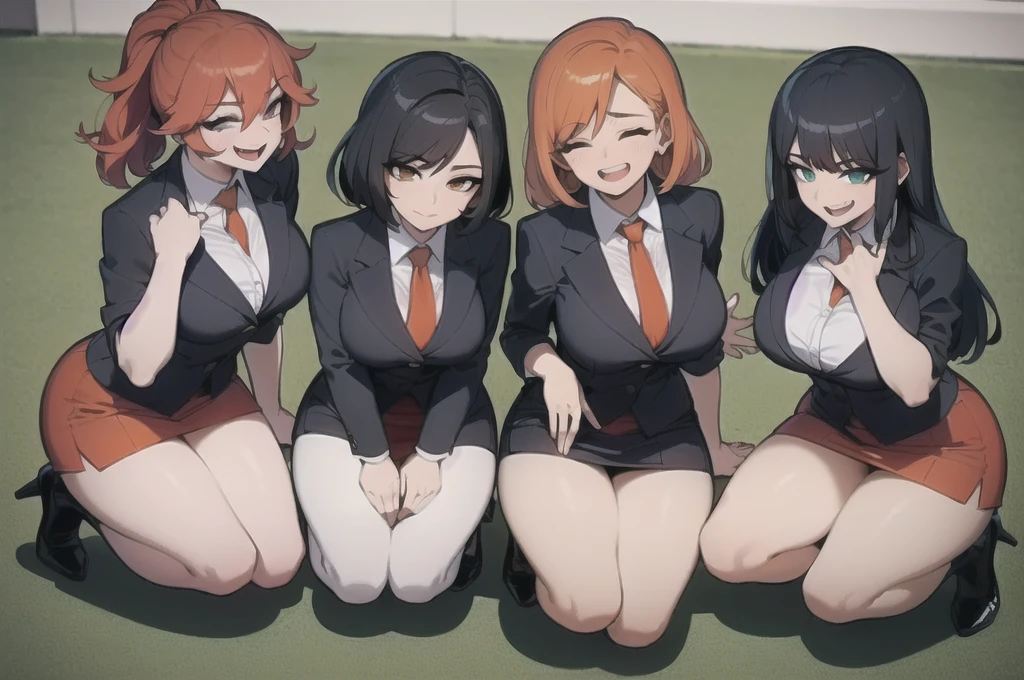 four sexy women in office outfits who are wives of boy, kneeling, portrait, closed eyes, opened mouths, short curly orange hair, view from above