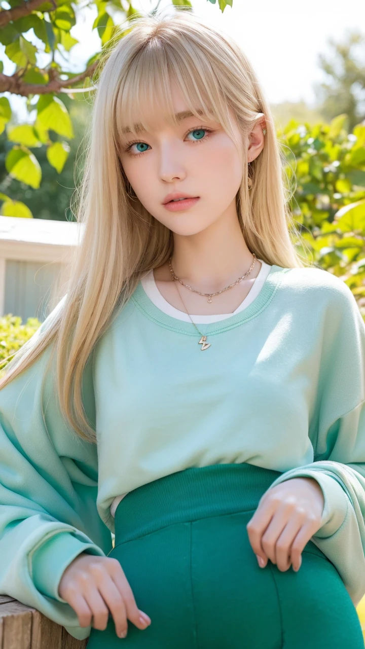 pale blonde age girl with bangs long silky soft hair blue-green eyes with long white sweatshirt and green pants wearing two bright white necklaces taking a photo in the afternoon with the strong sun hitting her face in the backyard of her house