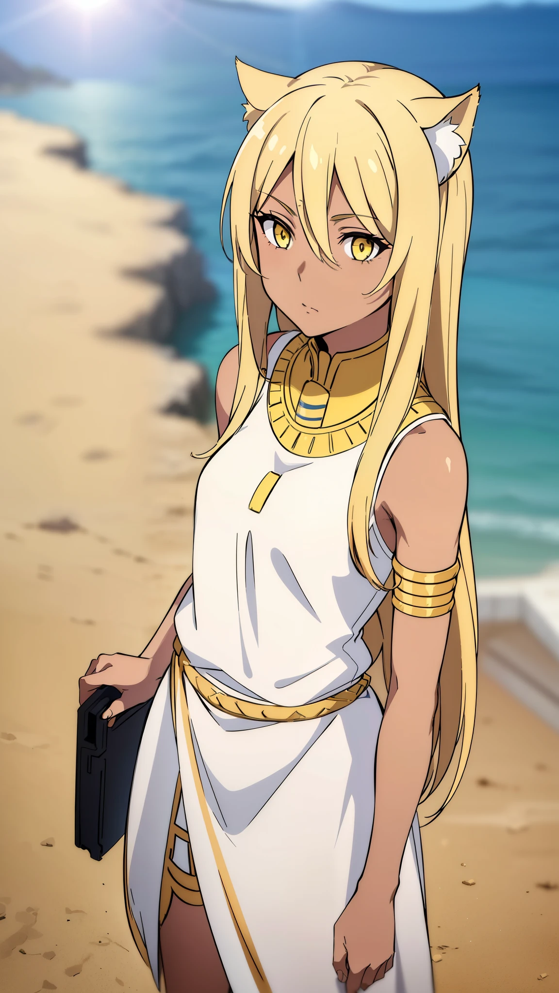 (1girl ,solo,20s,mature female),blonde hair,long hair,cat ears,yellow eyes,(((dark skin))),(Egypt, blue sky, sun),white egypt oufit,bare shoulders,looking at view,((curious expression))