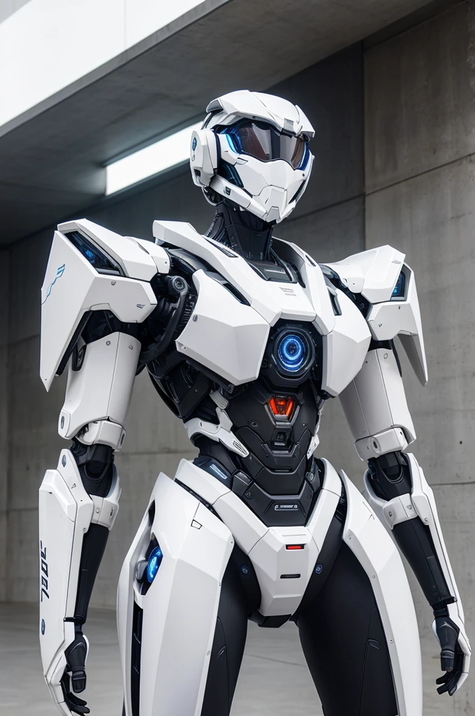 Visualize a sleek, white-colored mech standing against a plain background. The mech is streamlined and agile, with intricate details highlighting its advanced technology. It exudes a sense of power and sophistication despite its lean form. The design emphasizes clean lines and minimalistic aesthetics, with subtle accents that suggest high-tech capabilities. This setting allows the mech to be the focal point, showcasing its futuristic and minimalist design on the t-shirt.