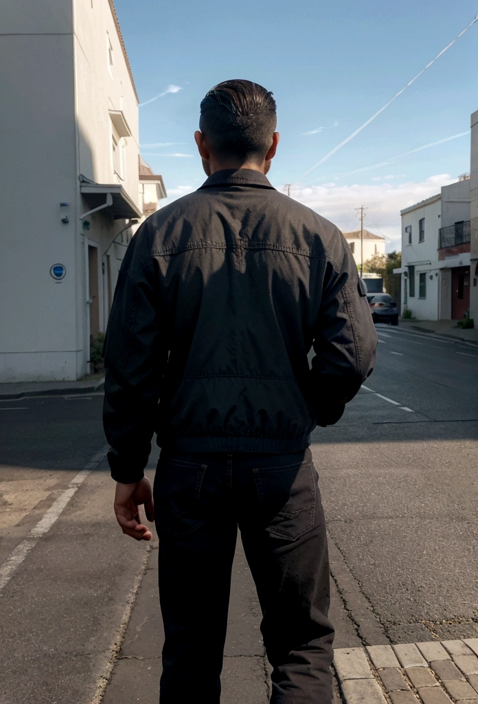 A Latino man in the distance, 28 years old dark, without so much front, with comb over haircut , for the side and beard black, barba mediana, sheltered with a jacket, with jeans, on your back walking to the horizon, the scene at a distance well away from the camera focus , a scene in the middle of the road. wide angle camera scene, contemplative scene, full body shot, sun and daylight, movie perspective, High Definition, photorealistic