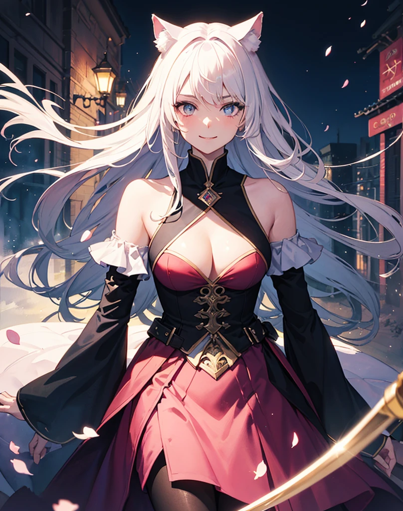 masterpiece, best quality, 1girl, (colorful),(finely detailed beautiful eyes and detailed face),bust shot,extremely detailed CG unity 8k wallpaper,white hair,solo,smile, cool skirt,((flying petal)),(Flowery meadow) sky, cloudy_sky, building, moonlight, moon, night, (dark theme:1.3), light,fantasy, high contrast hdr, ink strokes, over exposure, purple and red tone impression , abstract, ((watercolor painting by John Berkey and Jeremy Mann )) brush strokes, negative space,black pantyhose, ((pink giant laser sword)), studio ufotable style, demon slayer, white hair, ((neko ears)), aesthetic scenery, best Anime of the year, cool eyes