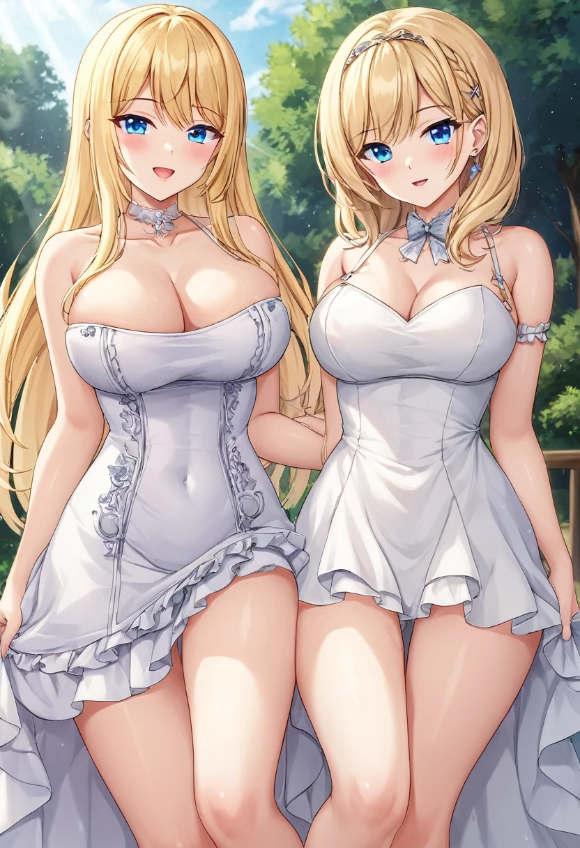 Blonde girls, blue eyes, white dress