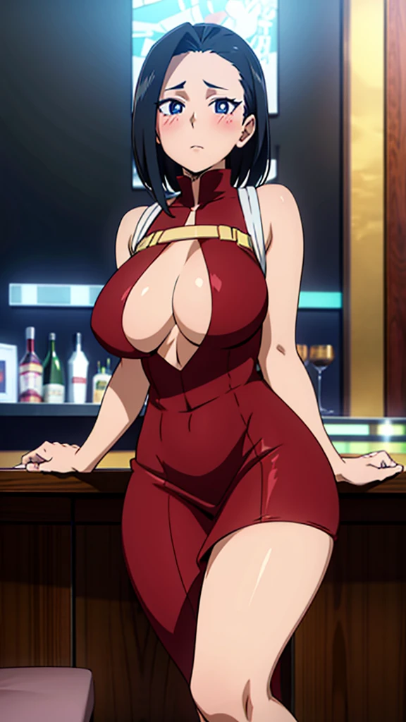 A beautiful anime-style girl, Yaoyorozu, with big eyes, long eyelashes, and a gorgeous face, wearing a sexy, revealing outfit that shows off her big round breasts and thighs, sitting at a bar in an anime-inspired cell shading art style, masterpiece, best quality, 8k, high resolution, ultra-detailed, realistic, photorealistic , blush , legs spread , pussy