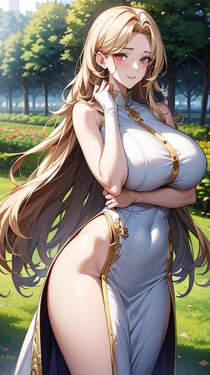 (masterpiece: 1.2), (best quality: 1.2) 1woman, mature, tall (1.85), She looked to be about 30 years old, she had long golden hair(gold), straight and shiny hair , golden eyes like sunlight, extremely detailed eyes, perfect eyes, extremely realistic eyes, well-aligned eyes, long eyelashes, anime style, perfect face, milf face, full lips, smiling, mature, fair skin, natural body, body sexy, milf body, perfect hands, detailed hands, hands well proportioned to the body, realistic hands, arms with good anatomy, she only wore an immaculate white dress that still couldn't hide her extremely large and huge breasts that were hanging down due to their size , thick thighs, wide hips, looking at the viewer, background scenery, scenery in a vegetable farm, vegetables in the background posing standing alone looking at the viewer