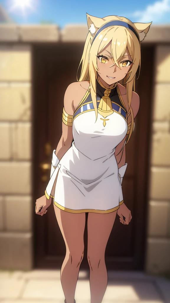 (1girl ,solo,20s,mature female),blonde hair,long hair,cat ears,yellow eyes,(((dark skin))),(Egypt, blue sky, sun),white egypt oufit,bare shoulders,looking at view,((excited))