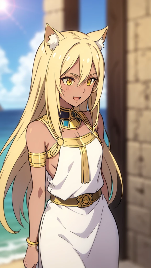 (1girl ,solo,20s,mature female),blonde hair,long hair,cat ears,yellow eyes,(((dark skin))),(Egypt, blue sky, sun),white egypt oufit,bare shoulders,looking at view,((excited))