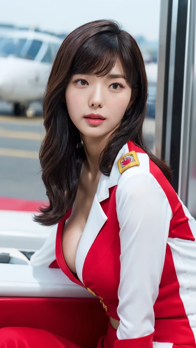 (((sexy crop light red flight attendant uniform with heels))) (((half body three girl foto))), detailed skin, ((asia white skin color)), detailed skin, big breasts, slim body, gigantic breasts, Slim Waist, 4K resolution,((pursed lips)) (((long hair BLACK silky bangs thick hairstyle))) ((white skin)) ((extremely detailed face)) ((extremely detailed eyes))  (((sexy body pose)))  ((outdoor background at luxury plane, passangers etc)) (((looked on camera))) look camera, ((sixpack woman)) ((model posture)), face extremely detailed, full body color photo of a 22 y.o girl, beautiful face, beautiful eyes,  ((skin details, high texture)), hand fix, finger fix, nails fix, realistic hand wrinkles, realistic eyes, octane render, simetris eyes.