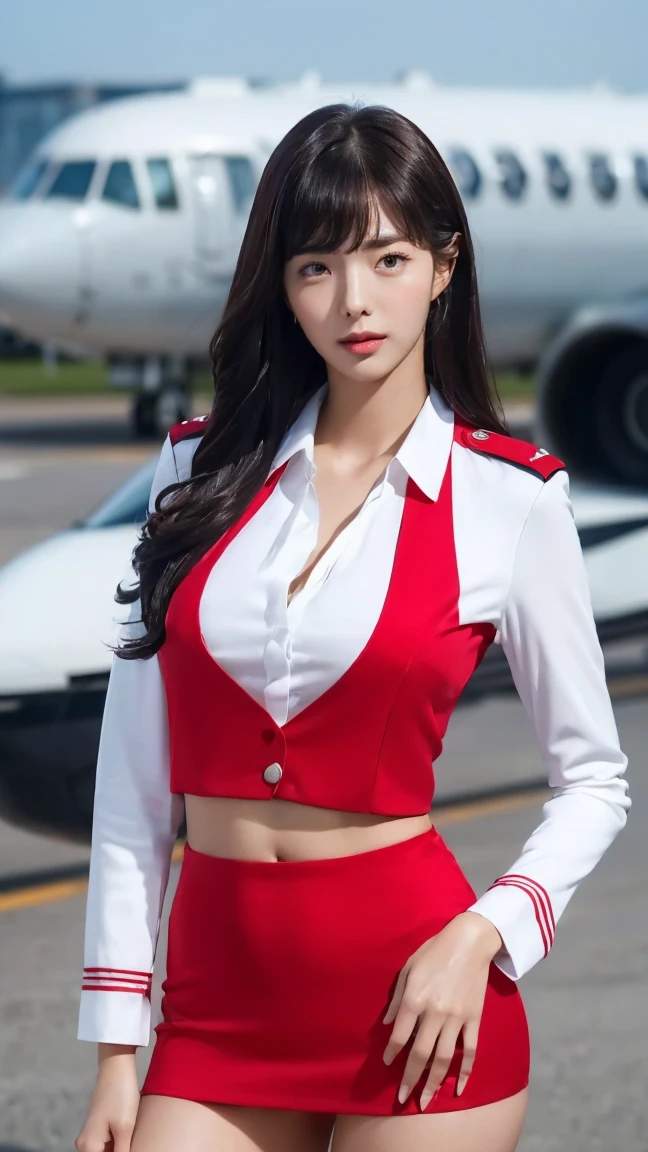 (((sexy crop light red flight attendant uniform with heels))) (((half body three girl foto))), detailed skin, ((asia white skin color)), detailed skin, big breasts, slim body, gigantic breasts, Slim Waist, 4K resolution,((pursed lips)) (((long hair BLACK silky bangs thick hairstyle))) ((white skin)) ((extremely detailed face)) ((extremely detailed eyes)) (((sexy body pose))) ((outdoor background at luxury plane, passangers etc)) (((looked on camera))) look camera, ((sixpack woman)) ((model posture)), face extremely detailed, full body color photo of a 22 y.o girl, beautiful face, beautiful eyes, ((skin details, high texture)), hand fix, finger fix, nails fix, realistic hand wrinkles, realistic eyes, octane render, simetris eyes.