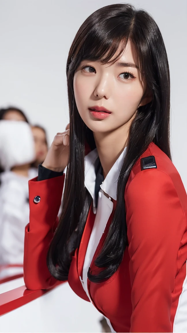 (((sexy crop light red flight attendant uniform with heels))) (((half body three girl foto))), detailed skin, ((asia white skin color)), detailed skin, big breasts, slim body, gigantic breasts, Slim Waist, 4K resolution,((pursed lips)) (((long hair BLACK silky bangs thick hairstyle))) ((white skin)) ((extremely detailed face)) ((extremely detailed eyes)) (((sexy body pose))) ((outdoor background at luxury plane, passangers etc)) (((looked on camera))) look camera, ((sixpack woman)) ((model posture)), face extremely detailed, full body color photo of a 22 y.o girl, beautiful face, beautiful eyes, ((skin details, high texture)), hand fix, finger fix, nails fix, realistic hand wrinkles, realistic eyes, octane render, simetris eyes.