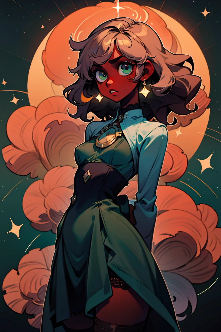 masterpiece, absurdres, 1girl, cowboyshot, tachi-e, mature woman, best aesthetics, medium breasts, wide hips, thick thighs, dark brown hair, curly hair, textured hair, hip-length hair, narrow eyes, dark skin, ankle-length dress, arched nose, soft shading, very detailed face, clean lines, dynamic pose, anatomically correct, hyperdetailed, beautiful lighting, dark atmosphere, dark eyeshadow, good makeup, detailed hair, green eyes, sparkling eyes, telescope, magic, fantasy, medieval, high fantasy, black stockings, comfy, cozy, tareme, medium chest, SFW, long dress, arms behind back, outdoors, constellations in sky, stargazing, kinky hair