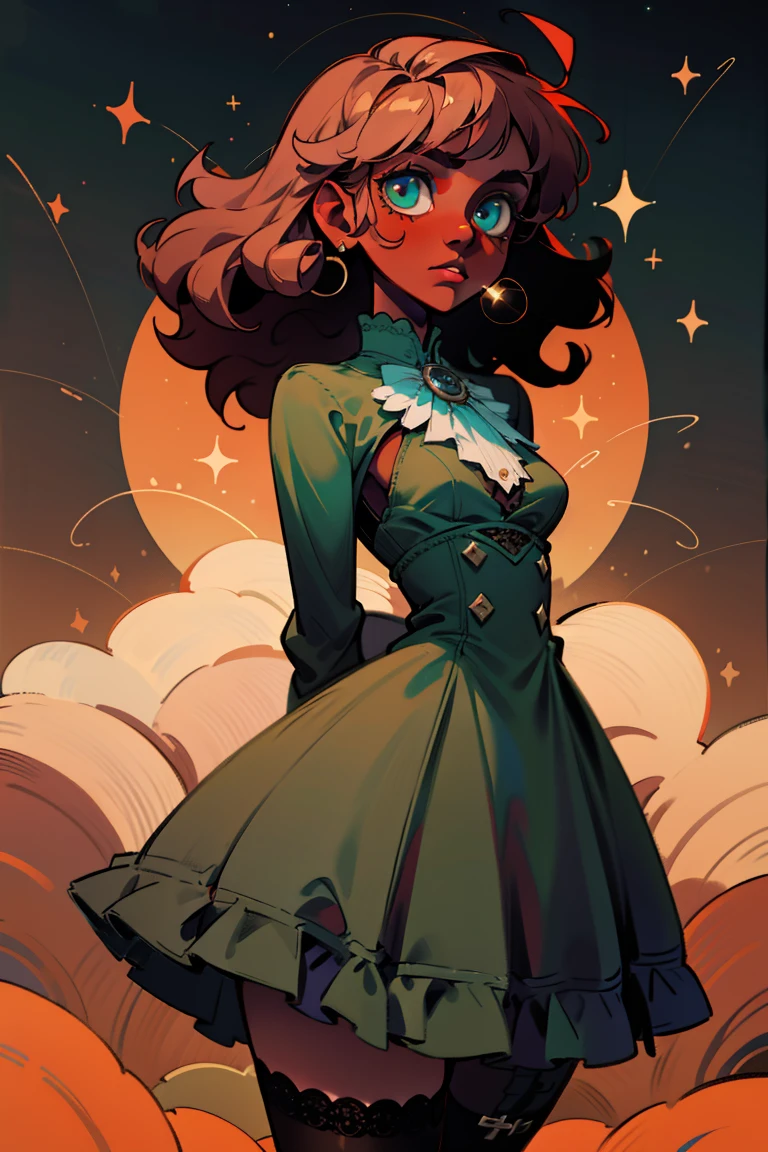 masterpiece, absurdres, 1girl, cowboyshot, tachi-e, mature woman, best aesthetics, medium breasts, wide hips, thick thighs, dark brown hair, curly hair, textured hair, hip-length hair, narrow eyes, dark skin, ankle-length dress, arched nose, soft shading, very detailed face, clean lines, dynamic pose, anatomically correct, hyperdetailed, beautiful lighting, dark atmosphere, dark eyeshadow, good makeup, detailed hair, green eyes, sparkling eyes, telescope, magic, fantasy, medieval, high fantasy, black stockings, comfy, cozy, tareme, medium chest, SFW, long dress, arms behind back, outdoors, constellations in sky, stargazing, kinky hair