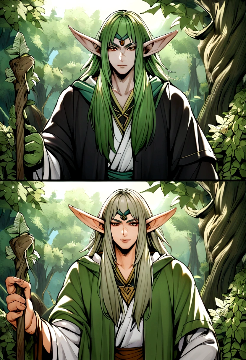 A drawing of a man holding a walking stick in the forest., portrait of a forest Mages, a a druid, of the tree wizard,20 years old,  elf male,elf,  fantasy Mages, Spelling Wizard, nature a druid, elf, a druid, world of warcraft elf a druid, archMages, Mages, เรนเจอร์elfชาย, greatest elf warrior, tree a druid, epic elf warrior