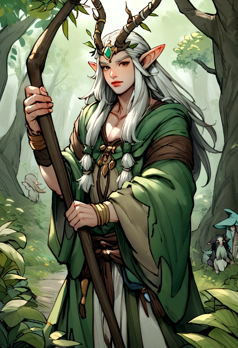 A drawing of a man holding a walking stick in the forest., portrait of a forest Mages, a a druid, of the tree wizard,20 years old, elf male,elf, fantasy Mages, Spelling Wizard, nature a druid, elf, a druid, world of warcraft elf a druid, archMages, Mages, เรนเจอร์elfชาย, greatest elf warrior, tree a druid, epic elf warrior