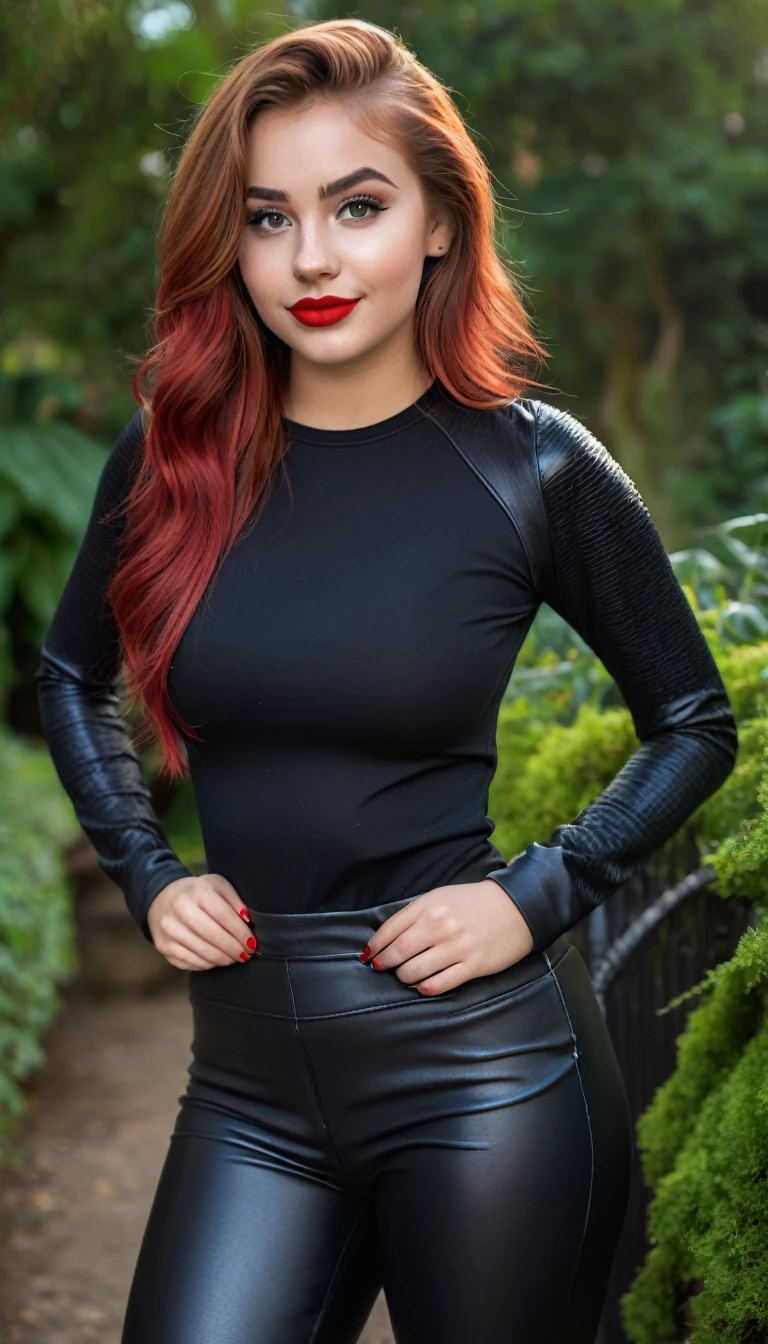 ultrarealistic high quality full body photo of a beautiful super busty slim european 19-year-old woman with cute hyperdetailed serious face and redhead shoulder length messy hair and shy smile, realistic round black eyes, red lips, dark eye makeup with eyeliner, wearing bodycon longsleeve and faux leather leggins, hourglass body, tanned, outdoor photography